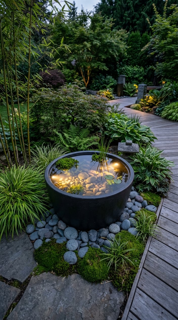 A small illuminated zen container pond in a backyard garden surrounded by rocks, moss, and plants at dusk.
