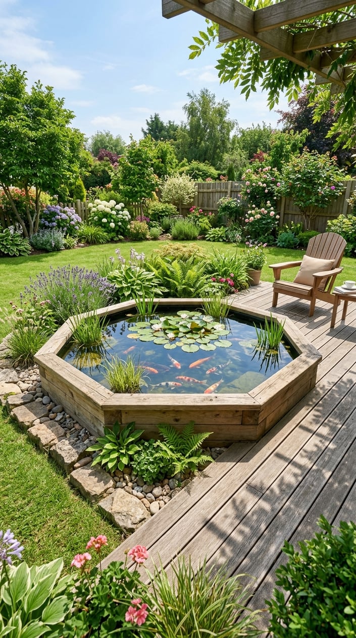 Hexagonal raised pond with clear water and aquatic plants beside a wooden deck in a backyard garden.