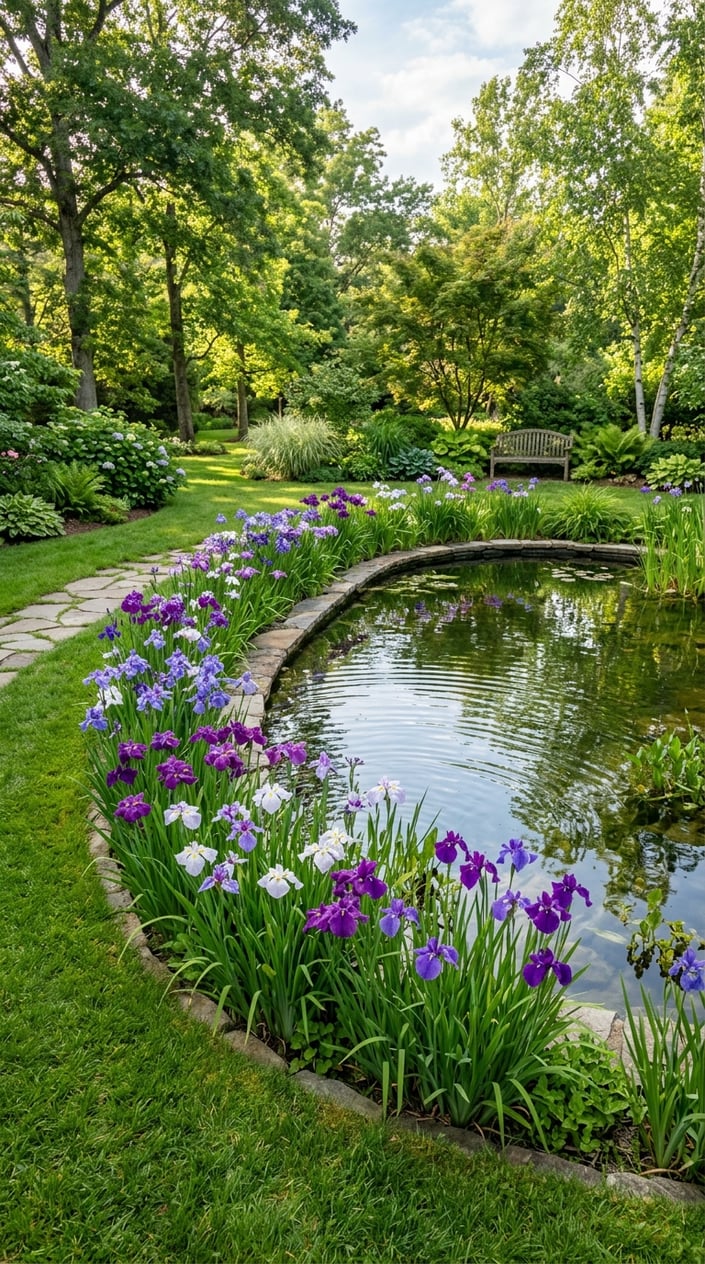 An oval backyard pond bordered by blooming iris flowers and green grass under soft sunlight.