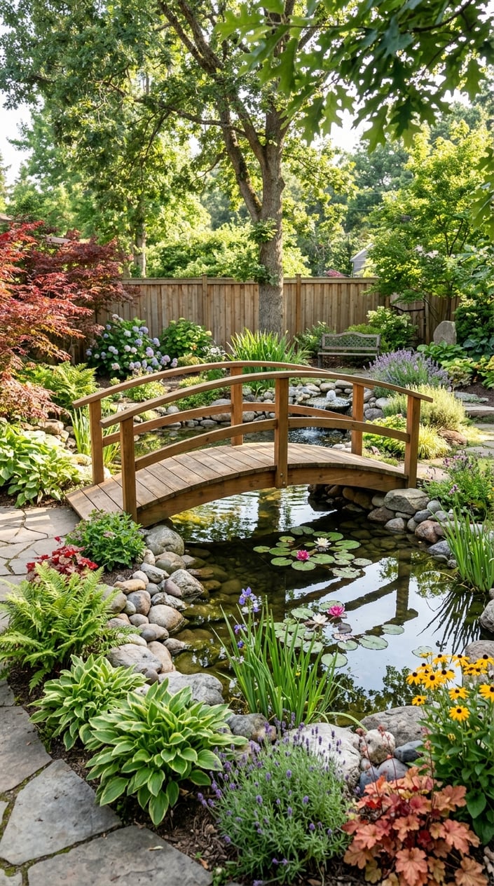 A small backyard pond with an ornamental wooden bridge over the water, surrounded by plants and flowers.