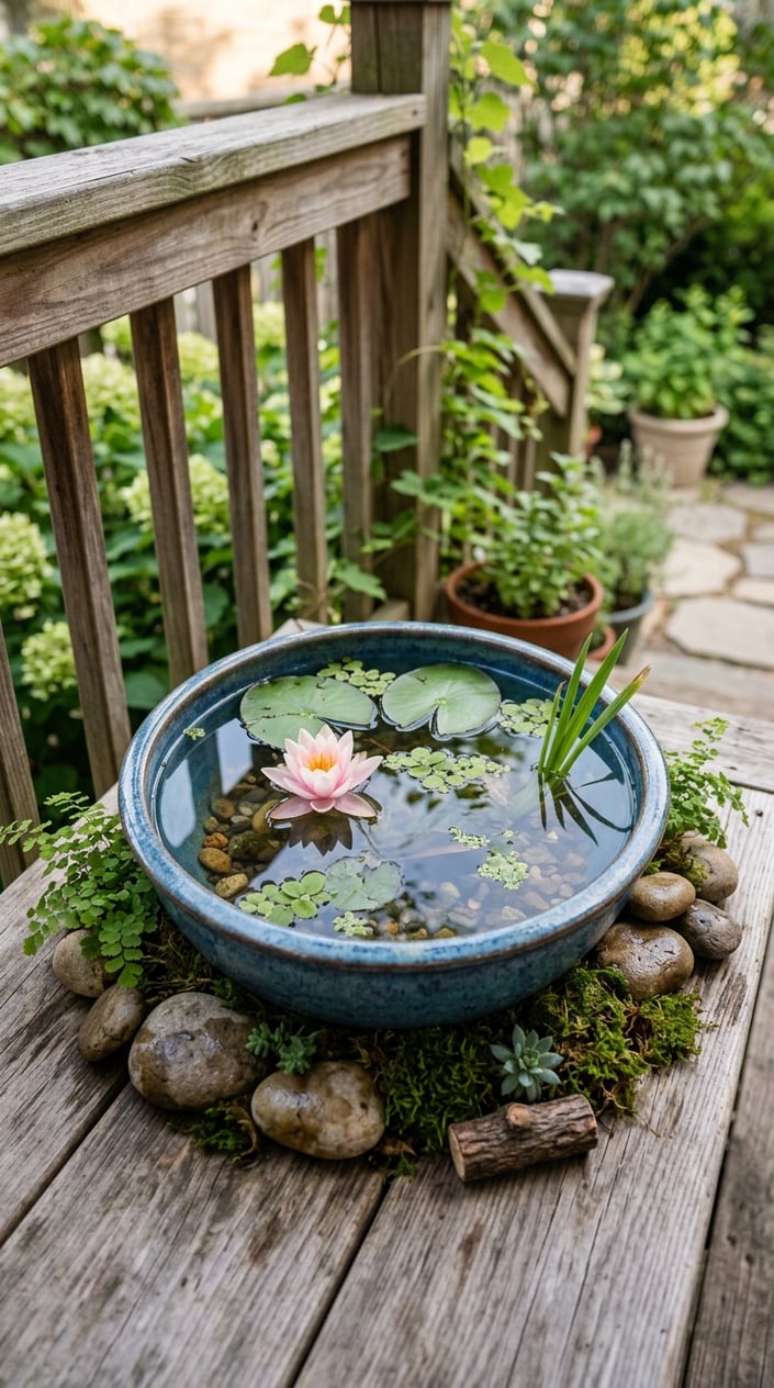 A small water bowl mini pond on a balcony with floating plants, stones, and surrounding greenery.