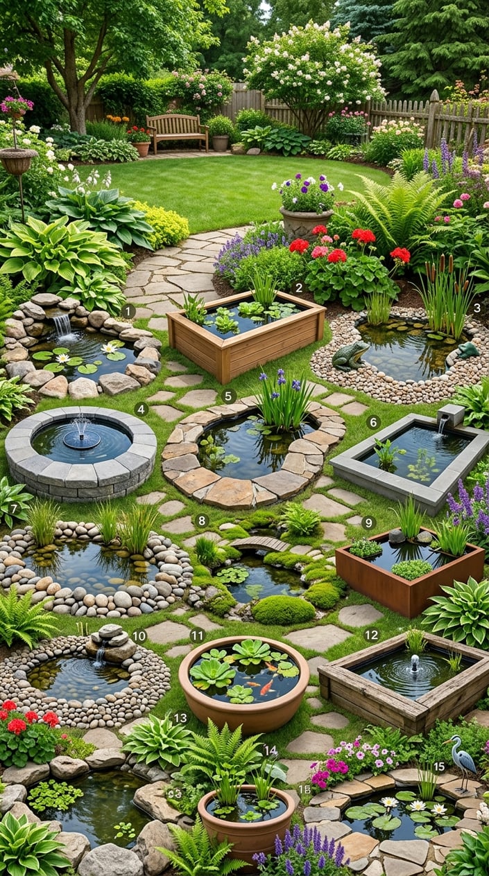 A backyard garden with multiple small ponds surrounded by plants, stones, and flowers.