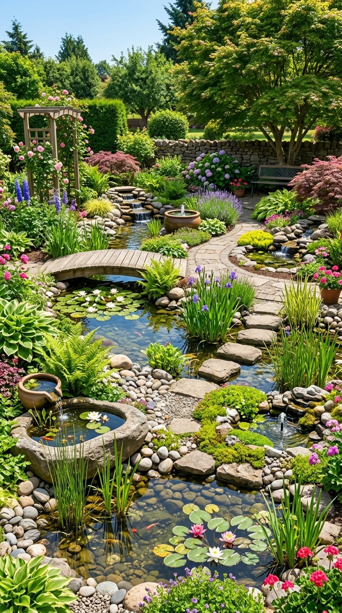 A backyard with several small ponds surrounded by plants, stones, and greenery.