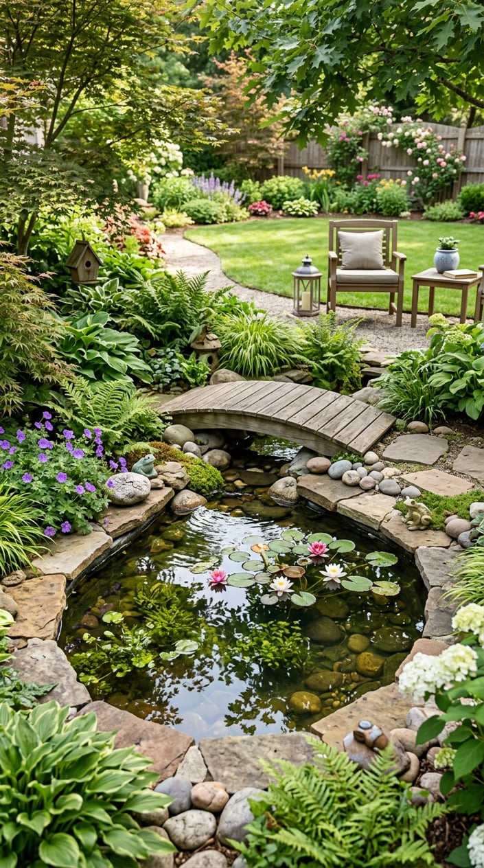 A small backyard pond surrounded by green plants, stones, and a wooden bridge with sunlight reflecting on the water.