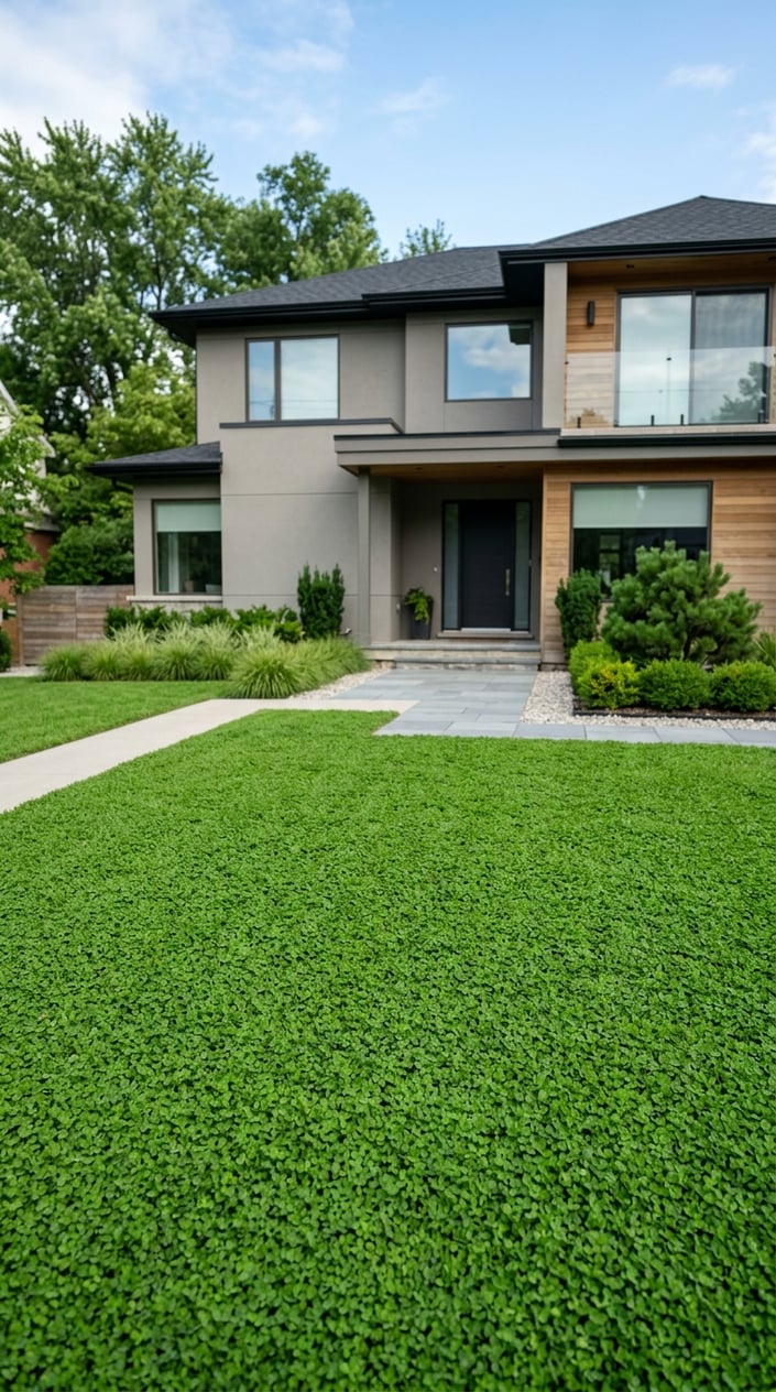 A front lawn fully covered with dense, green microclover in front of a modern house.