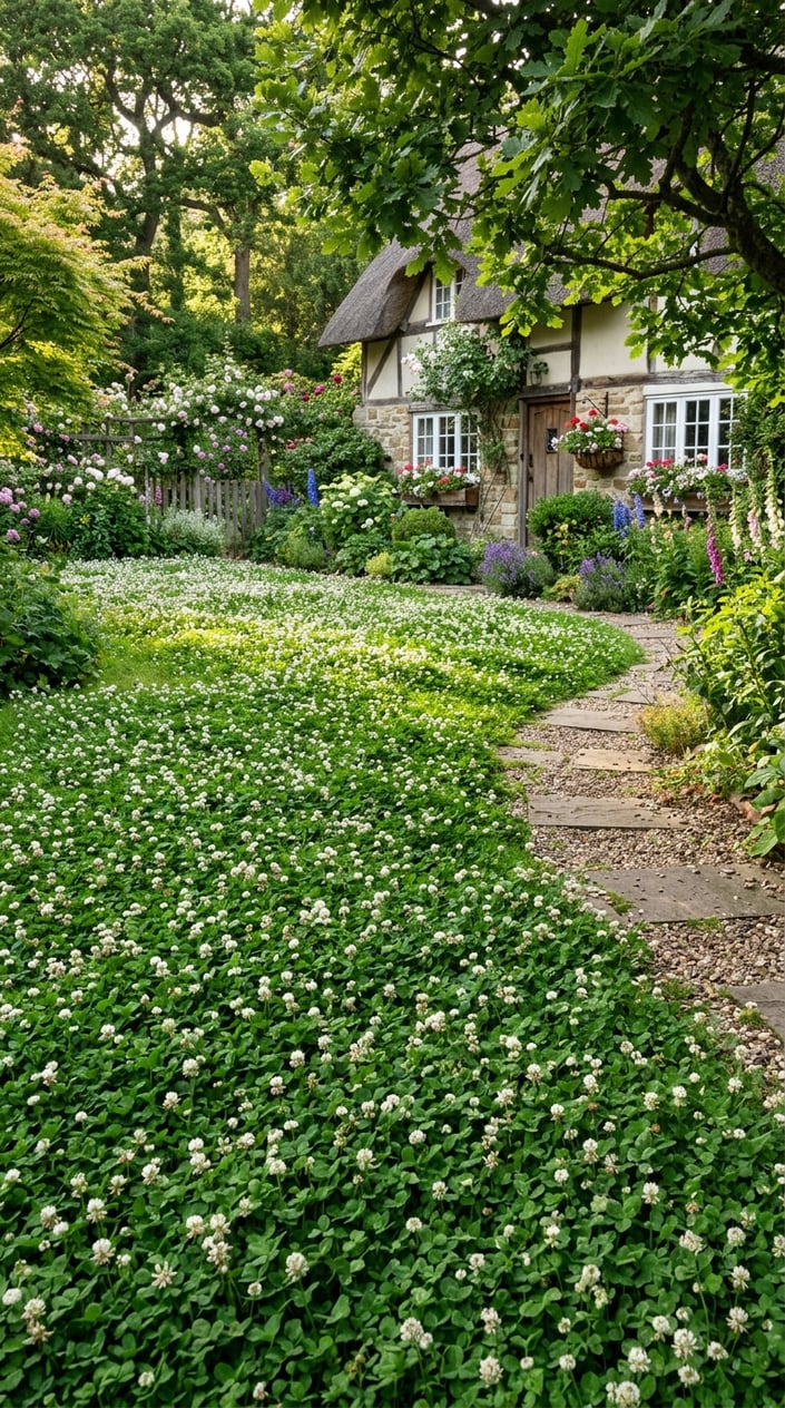 A backyard with a dense white Dutch clover lawn, a charming cottage in the background, and garden plants surrounding the area.