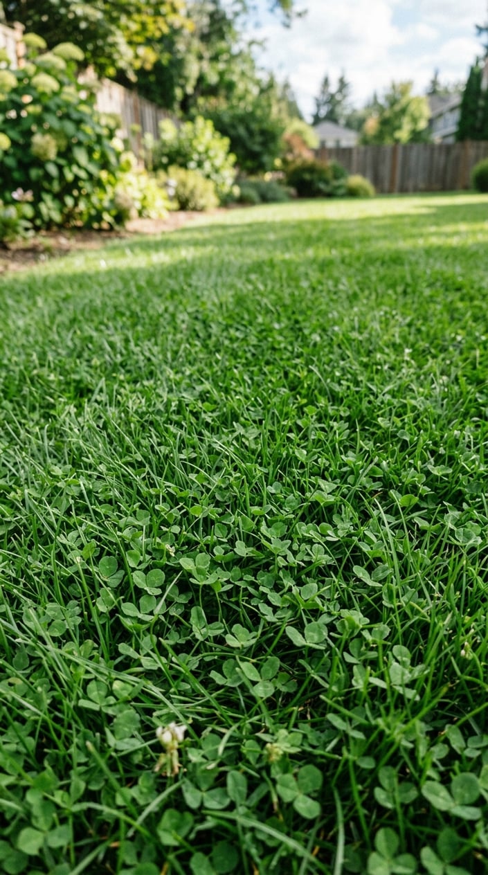 Close-up view of a green lawn with a dense blend of small clover leaves and fine grass blades.