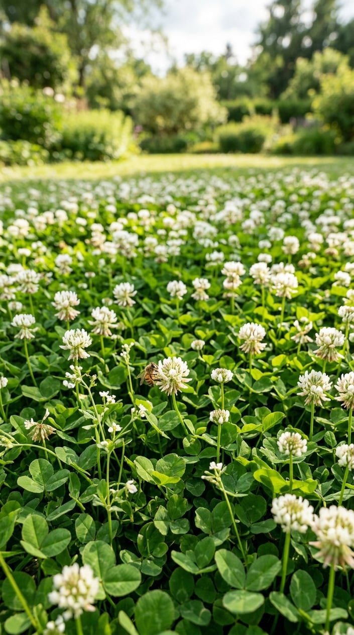 A green white clover lawn with many small white flowers blooming in summer.