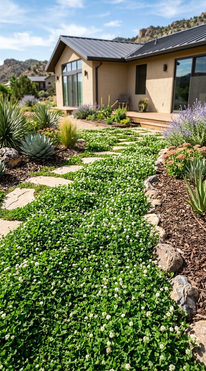 A green clover lawn with small white flowers in a dry, sunny yard surrounded by drought-tolerant plants and rocks near a modern house.