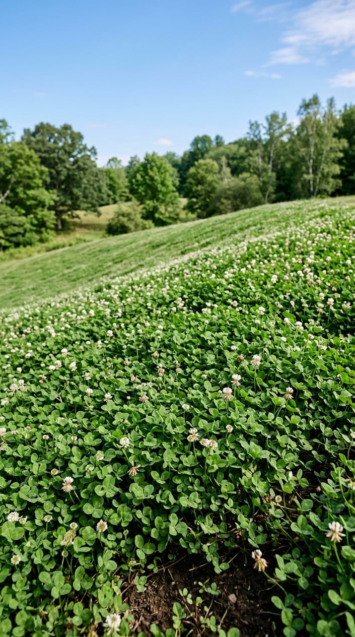 A green clover lawn covering a gentle hillside slope with trees and blue sky in the background.