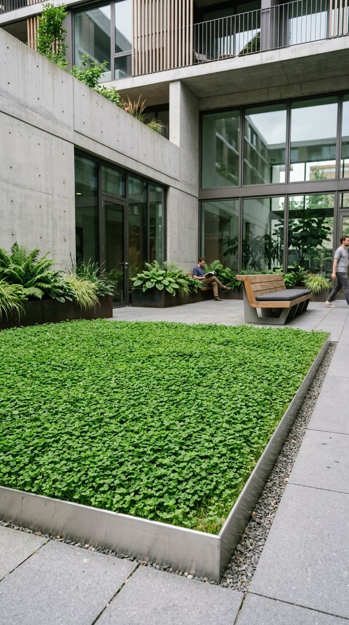 An urban courtyard with a small patch of green microclover lawn bordered by metal edging, surrounded by modern building elements.