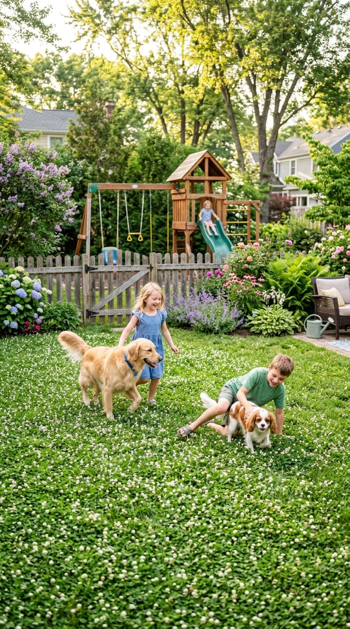 Children and pets playing on a soft white clover lawn in a backyard play area surrounded by garden plants and a wooden fence.