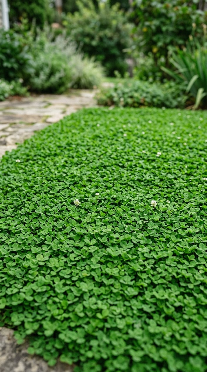 A close-up view of a well-maintained green microclover lawn with few small white flowers scattered throughout.