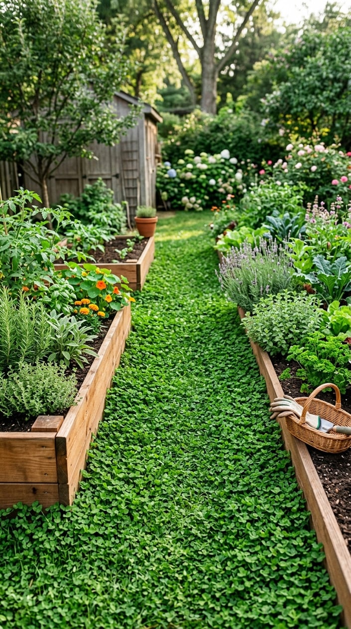 A garden pathway covered with green clover between raised cedar garden beds filled with plants.
