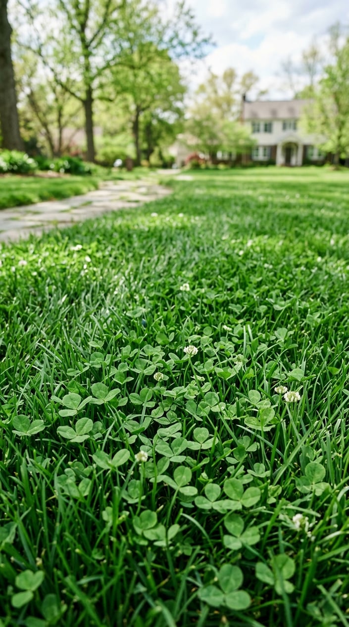 A close-up view of a green lawn with mixed clover and Kentucky bluegrass growing together.