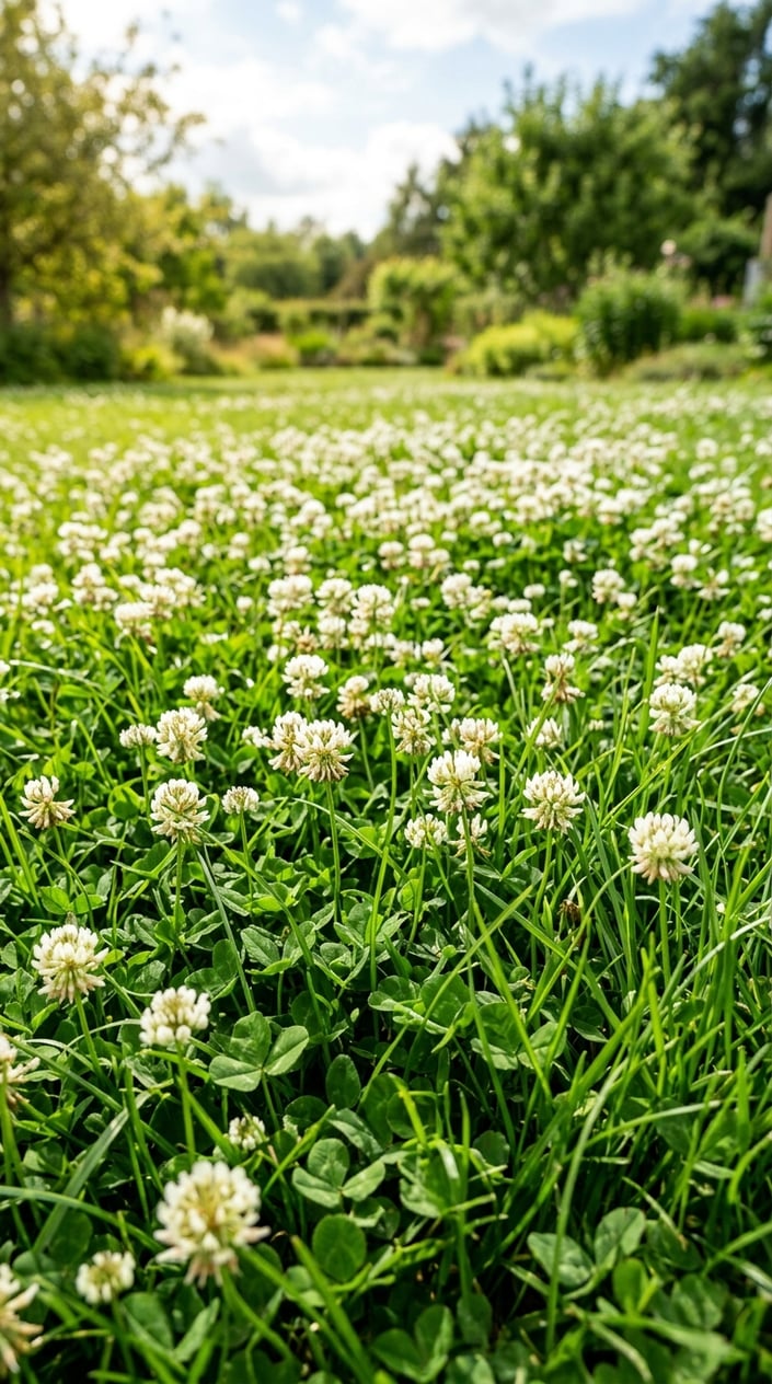 A close-up view of a green lawn covered with white clover flowers and grass under bright sunlight.