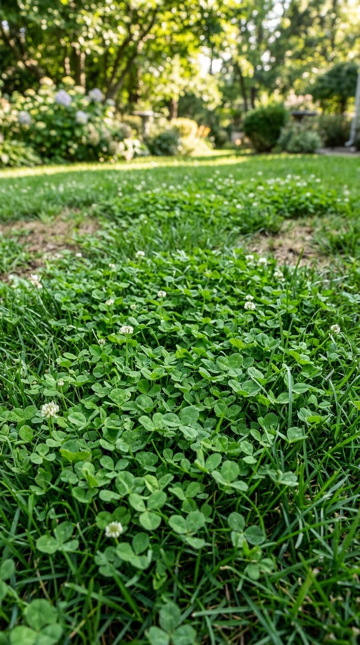 Close-up of a green lawn with dense clover plants covering bare and patchy areas of grass.