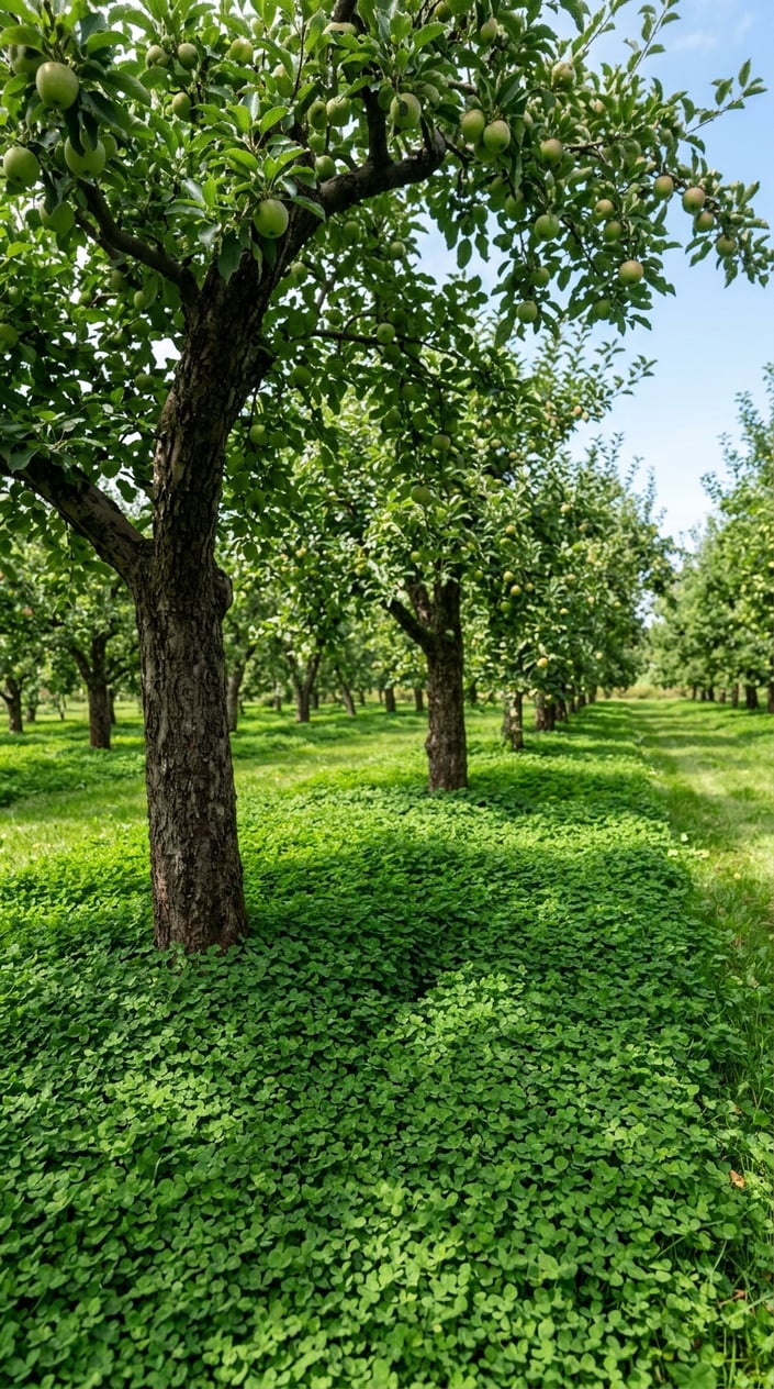 Fruit trees surrounded by dense green microclover growing as living mulch in an orchard.