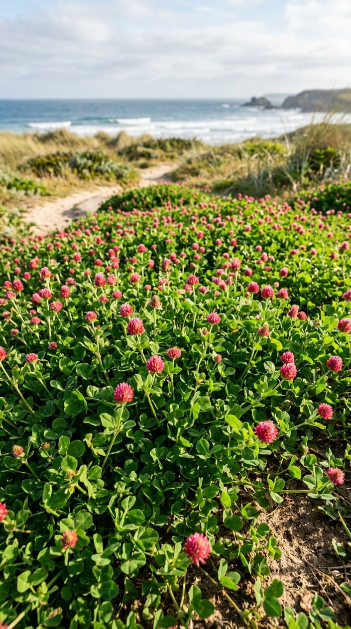 A dense green lawn of strawberry clover with small red flowers growing in a coastal area with sandy soil.