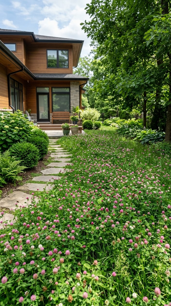A side yard covered with green grass and red clover flowers, bordered by shrubs and trees next to a modern house.