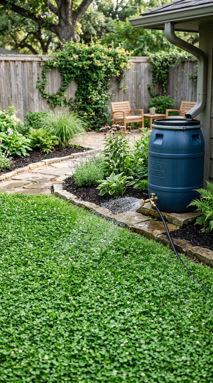 A backyard with a green clover lawn being watered by a rain barrel system, surrounded by plants and garden features.