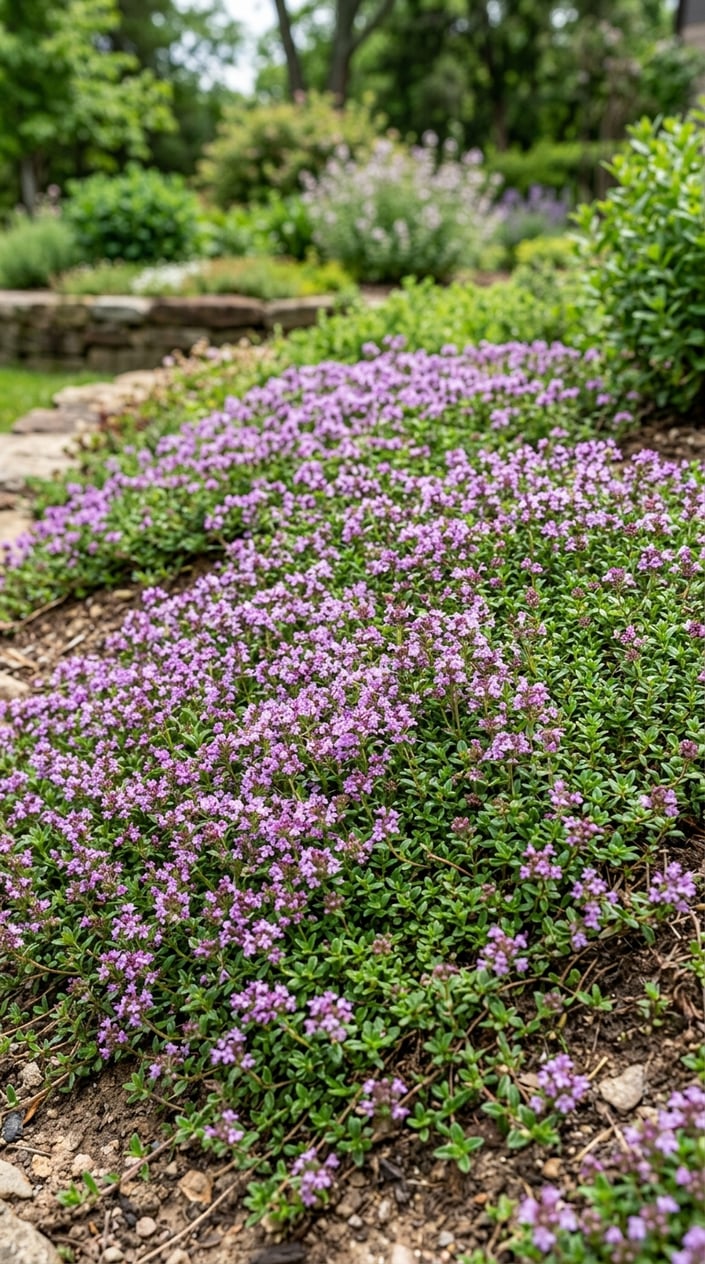 Close-up view of a green ground cover of creeping thyme with small purple flowers growing densely outdoors.