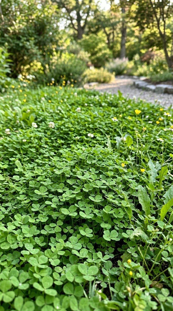Close-up view of a dense green microclover lawn with some wildflowers and natural grasses.