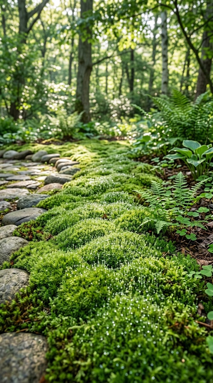 Close-up view of a dense green moss lawn with small stones and ferns in a shaded garden area.