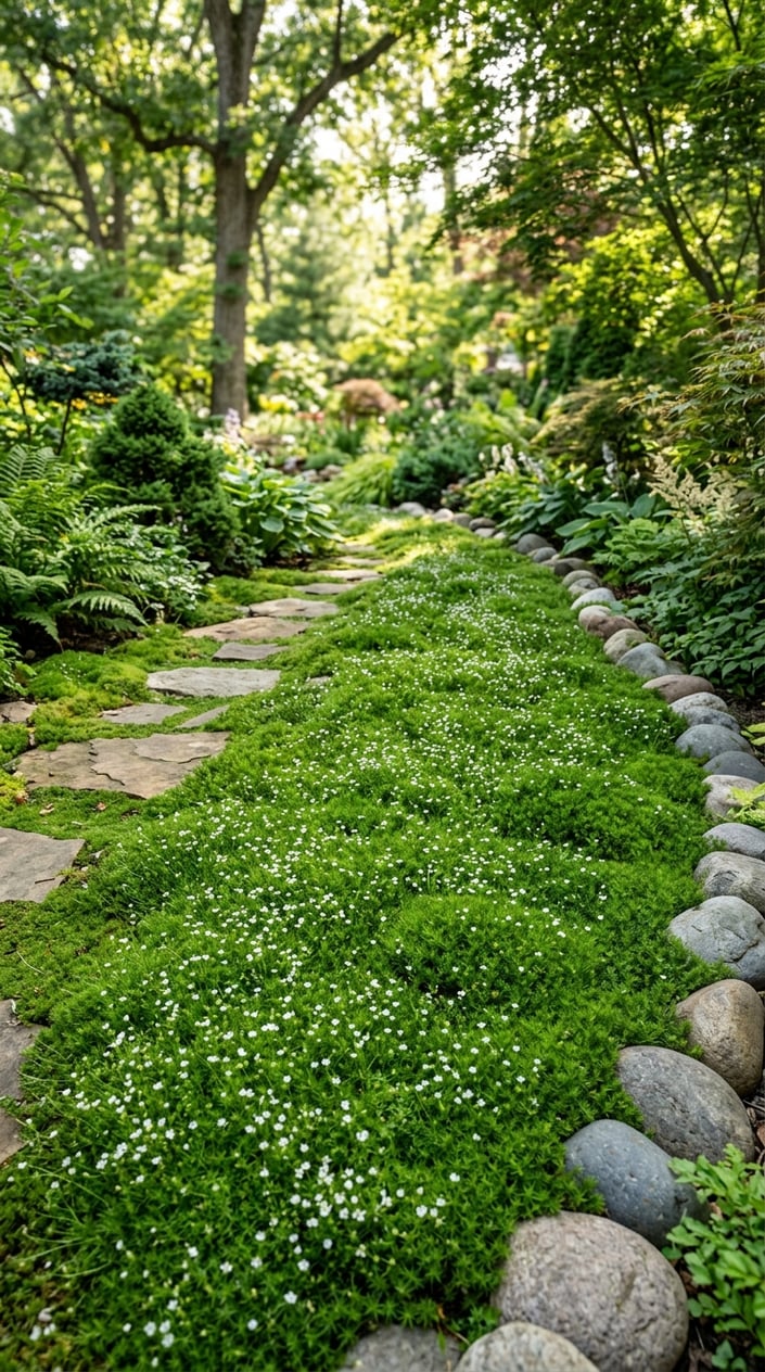 Close-up of dense green Irish Moss ground cover with small white flowers in a sunny garden setting.