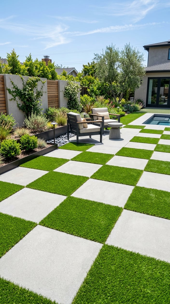 Outdoor patio with square concrete pavers arranged in a checkerboard pattern alternating with artificial grass in a backyard setting.
