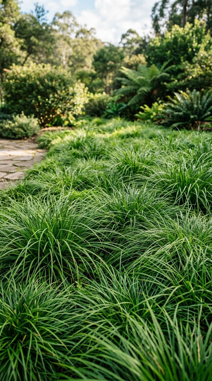 Close-up of green sedge plants growing densely in a natural garden setting.