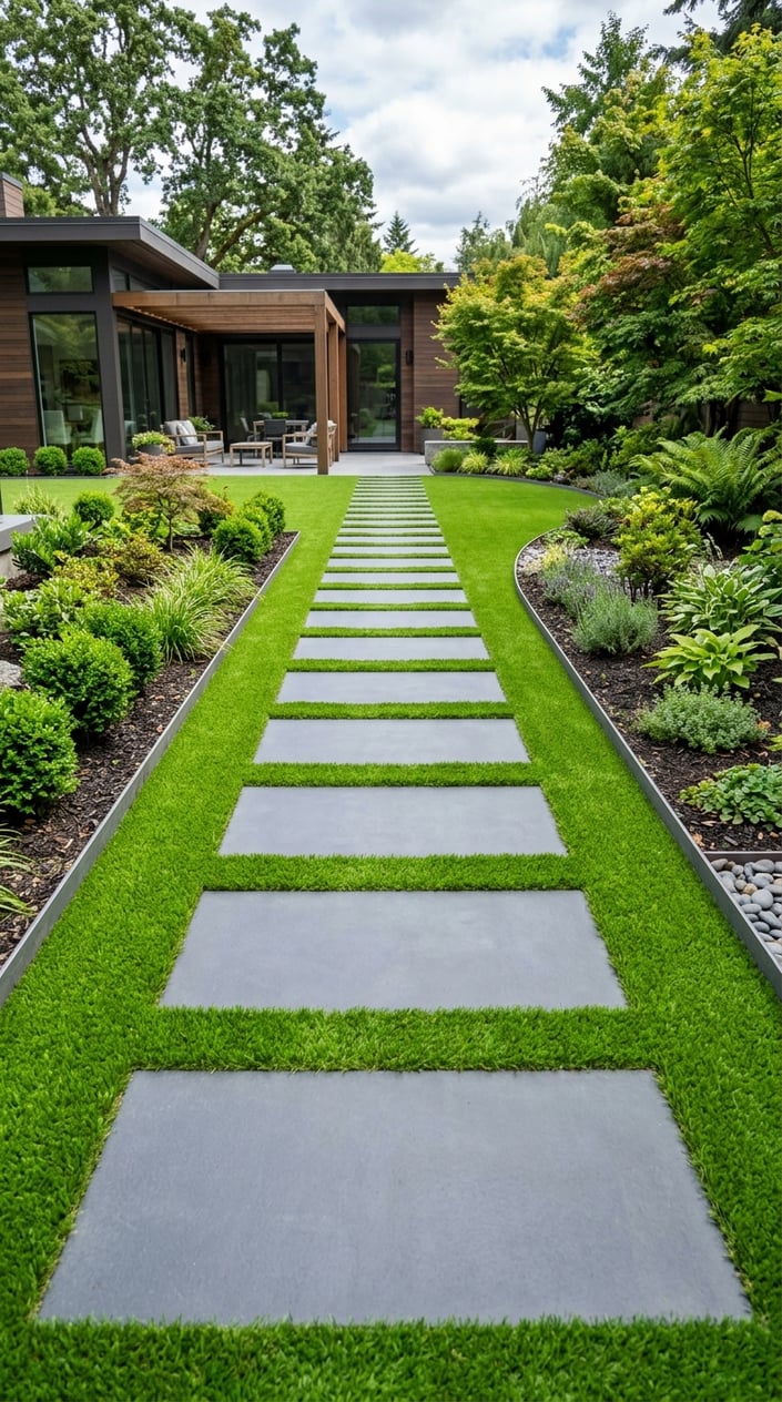 A modern outdoor walkway with rectangular stepping stones surrounded by green artificial grass strips and small plants.