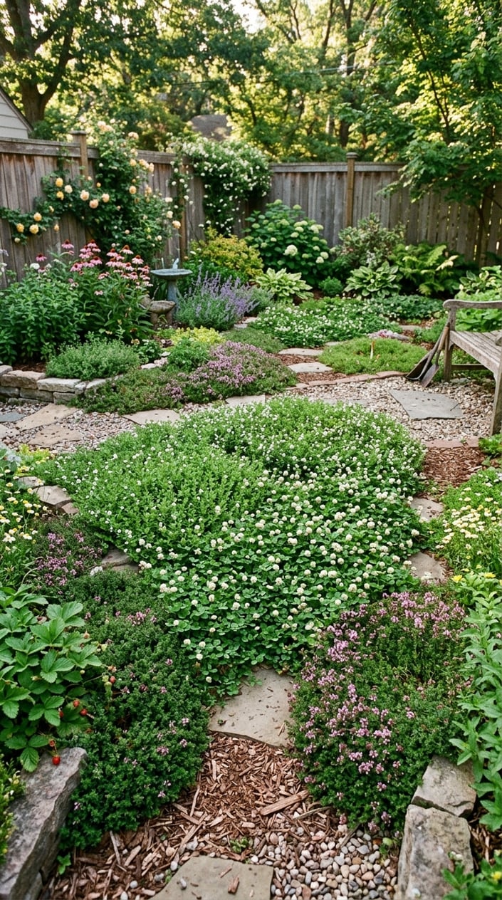 A backyard garden showing various low-growing green plants and ground covers replacing a traditional grass lawn.