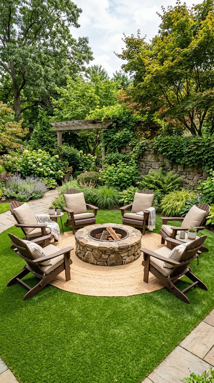 A backyard fire pit area with circular seating surrounded by artificial turf and landscaped plants.