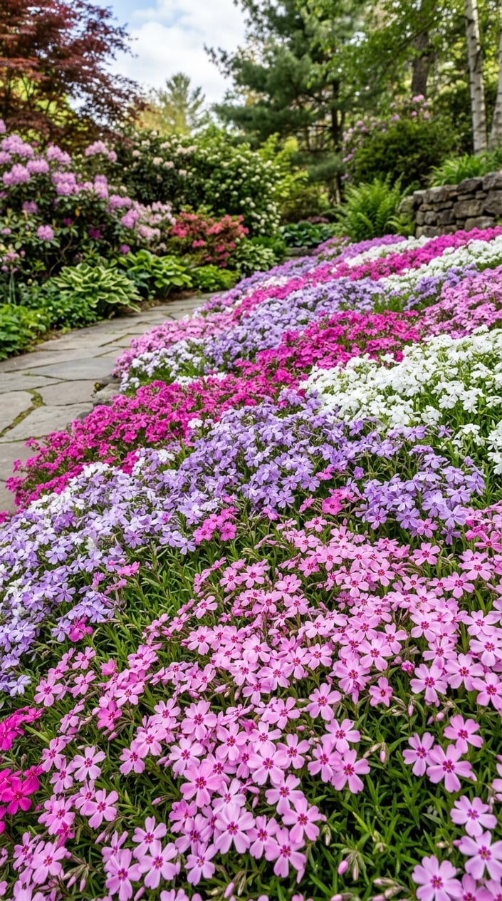 A dense ground cover of blooming Creeping Phlox flowers in pink, purple, and white spreading across a garden area as a low-maintenance lawn alternative.