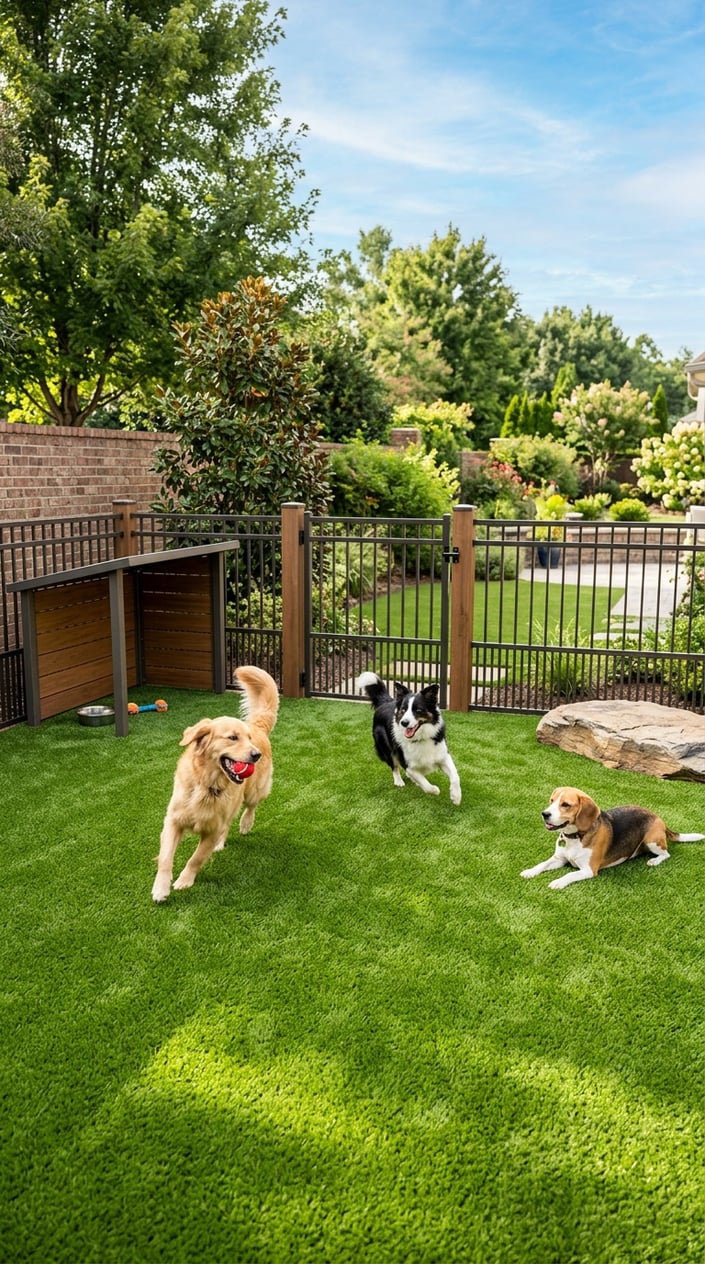 A clean, fenced dog run with bright green artificial grass designed for pets, showing a spacious outdoor play area.