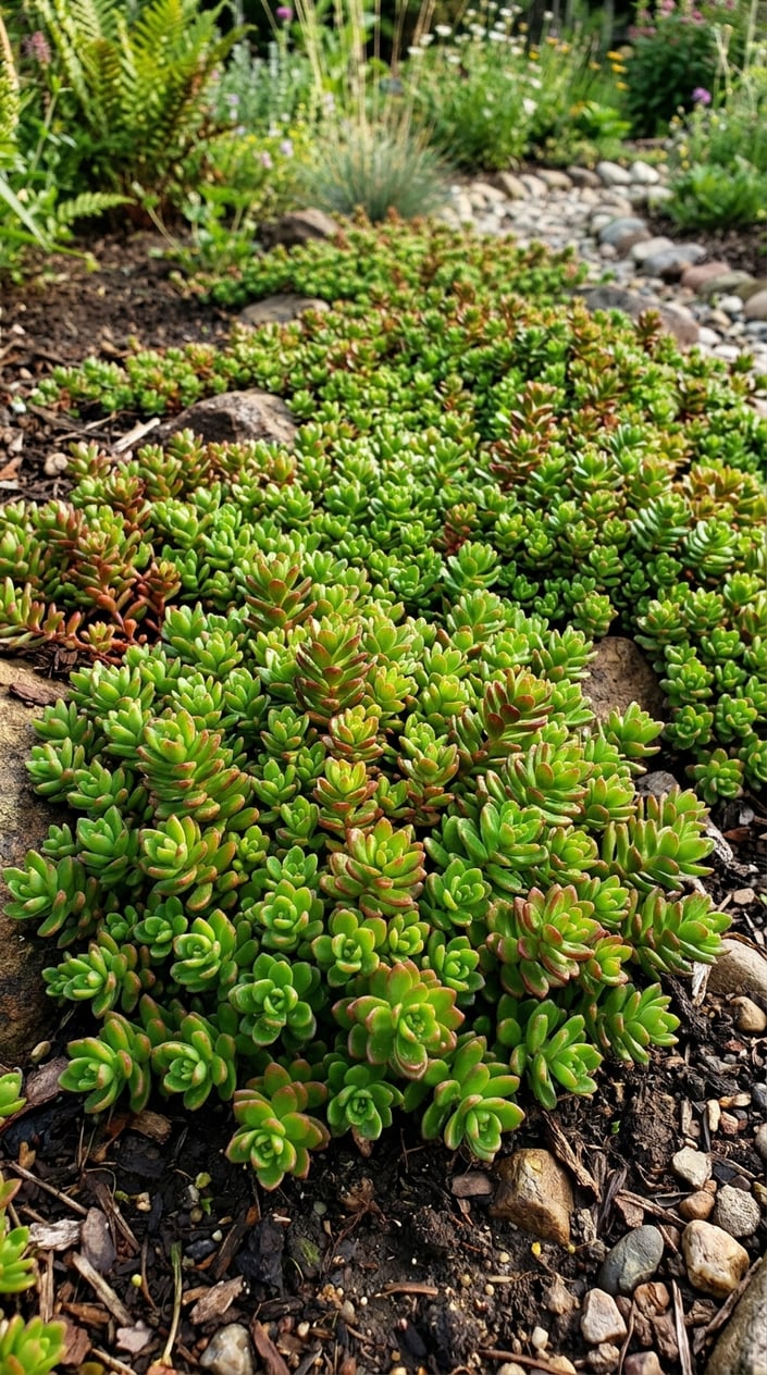 Close-up view of green Sedum ground cover plants growing densely in a garden bed.