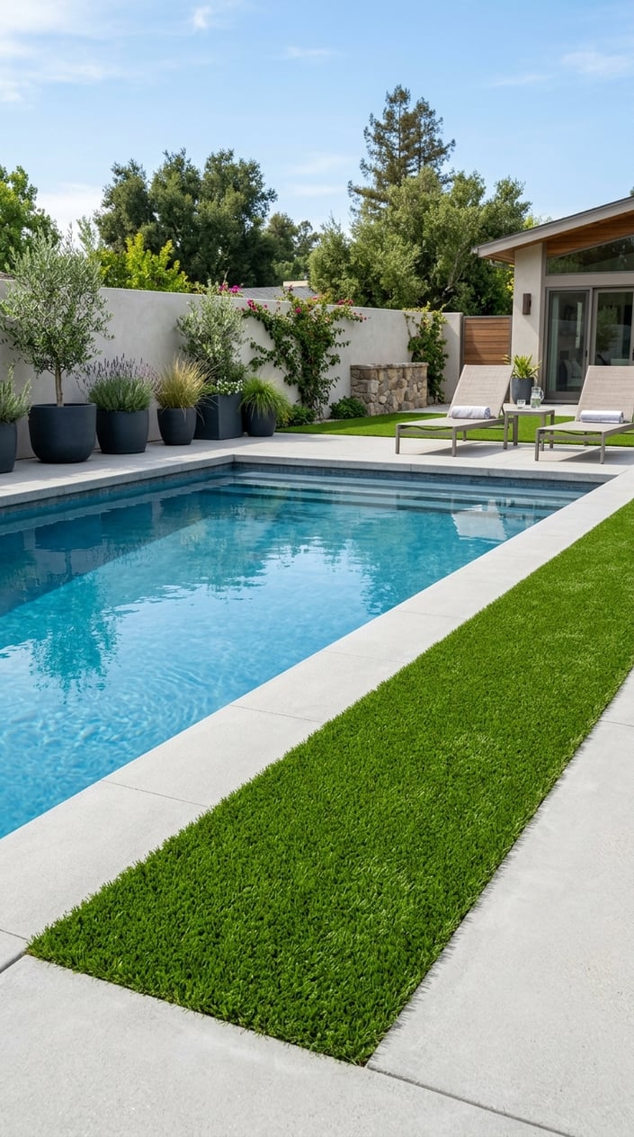 A backyard swimming pool with concrete edges next to a strip of green artificial grass turf.
