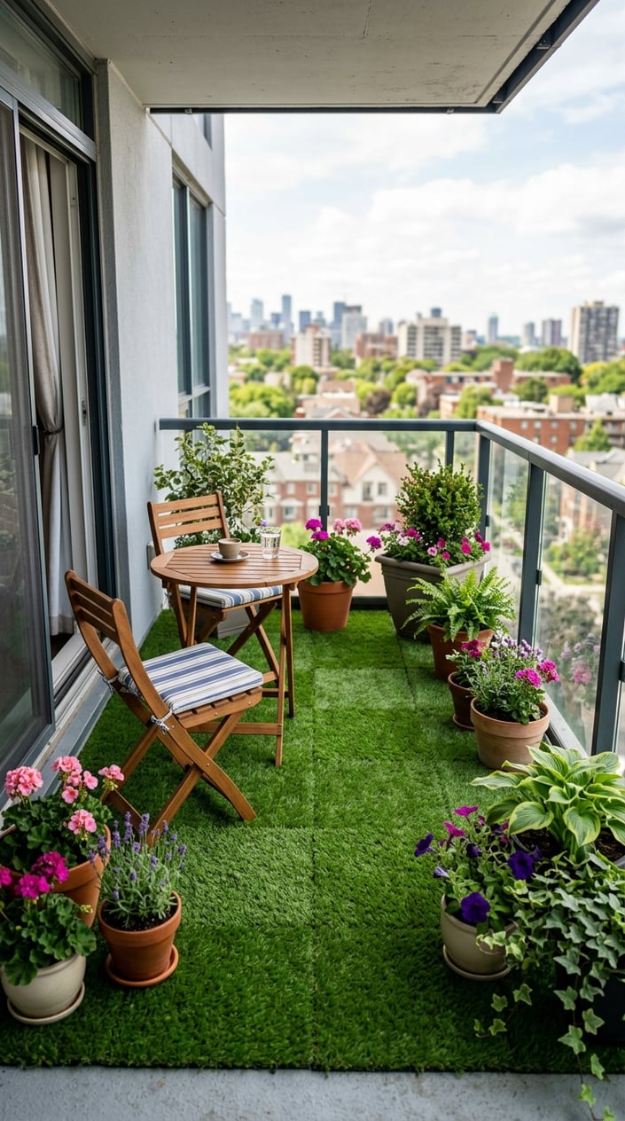 A small balcony with green artificial turf tiles, outdoor furniture, and potted plants.