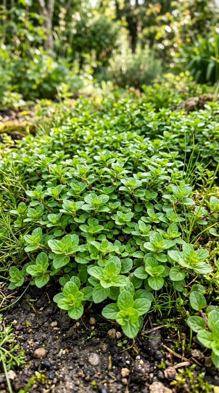 Close-up of Corsican mint plants growing densely as ground cover in a garden.