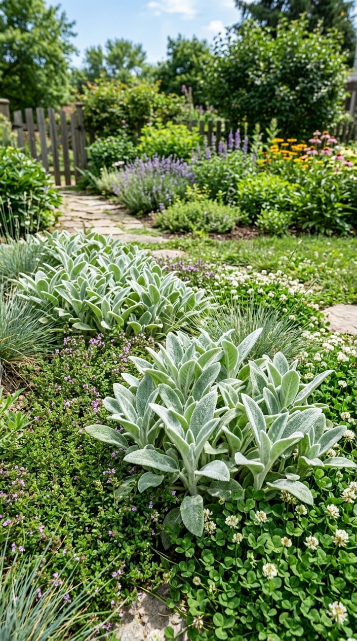 Close-up of Lamb's Ear plants surrounded by various low-growing lawn alternative plants in a sunny garden.