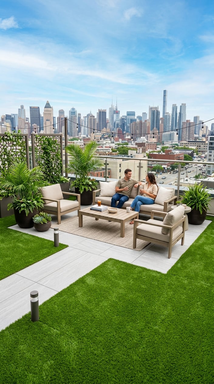 A rooftop lounge with green artificial grass, porcelain pavers, outdoor seating, and city views under a clear sky.