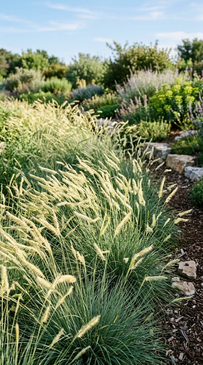 A close-up view of pale blonde ornamental grasses growing densely in a natural garden setting.