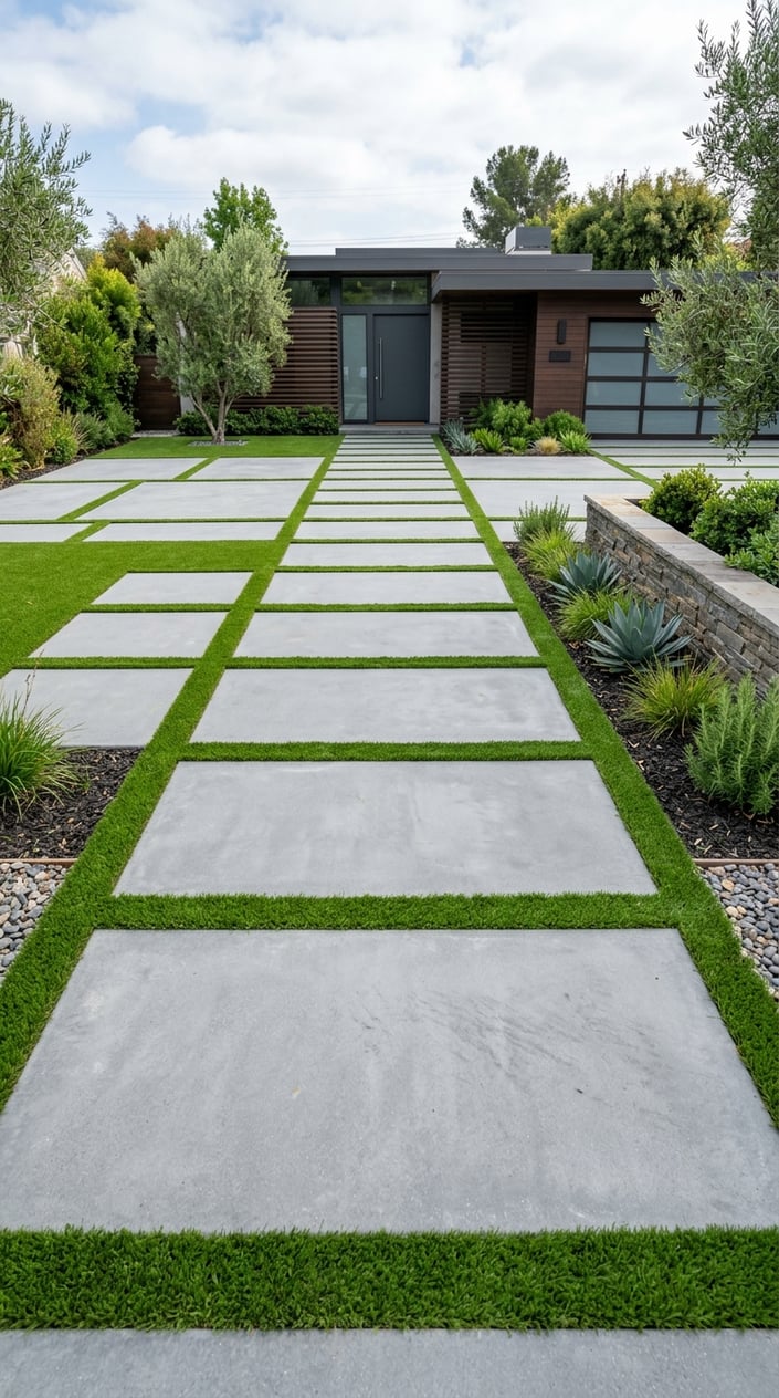 Front yard with large concrete slabs separated by strips of green artificial grass and small plants along the edges.