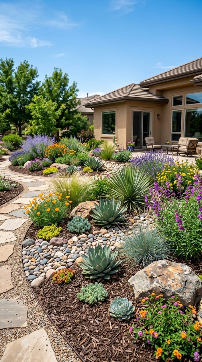 A sunny garden with drought-tolerant plants and decorative rocks arranged in planting beds, showing a water-efficient landscaping alternative to traditional lawns.