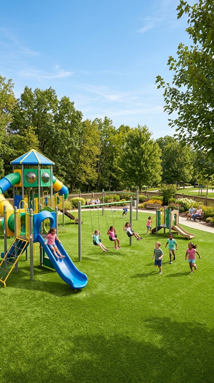 A playground with colorful equipment on bright green artificial grass and a soft cushion surface underneath.