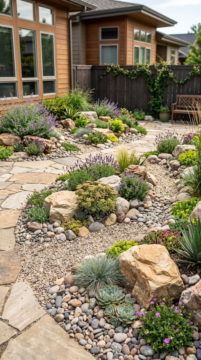 A rock garden with various stones and drought-tolerant plants arranged in a residential outdoor space.