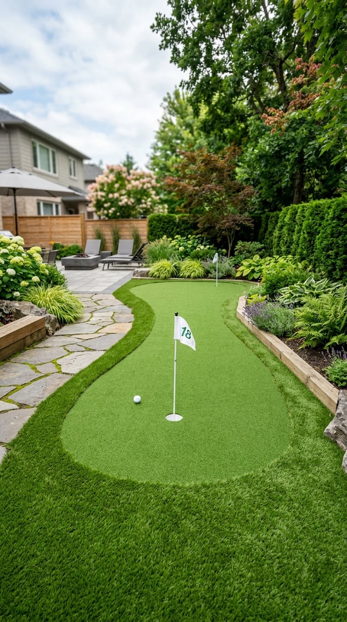 Backyard with a putting green made of artificial grass, including a golf cup and fringe turf surrounded by plants and landscaping.