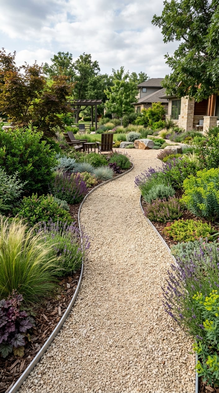 A landscaped garden pathway covered with crushed gravel bordered by green plants and shrubs, with no grass visible.