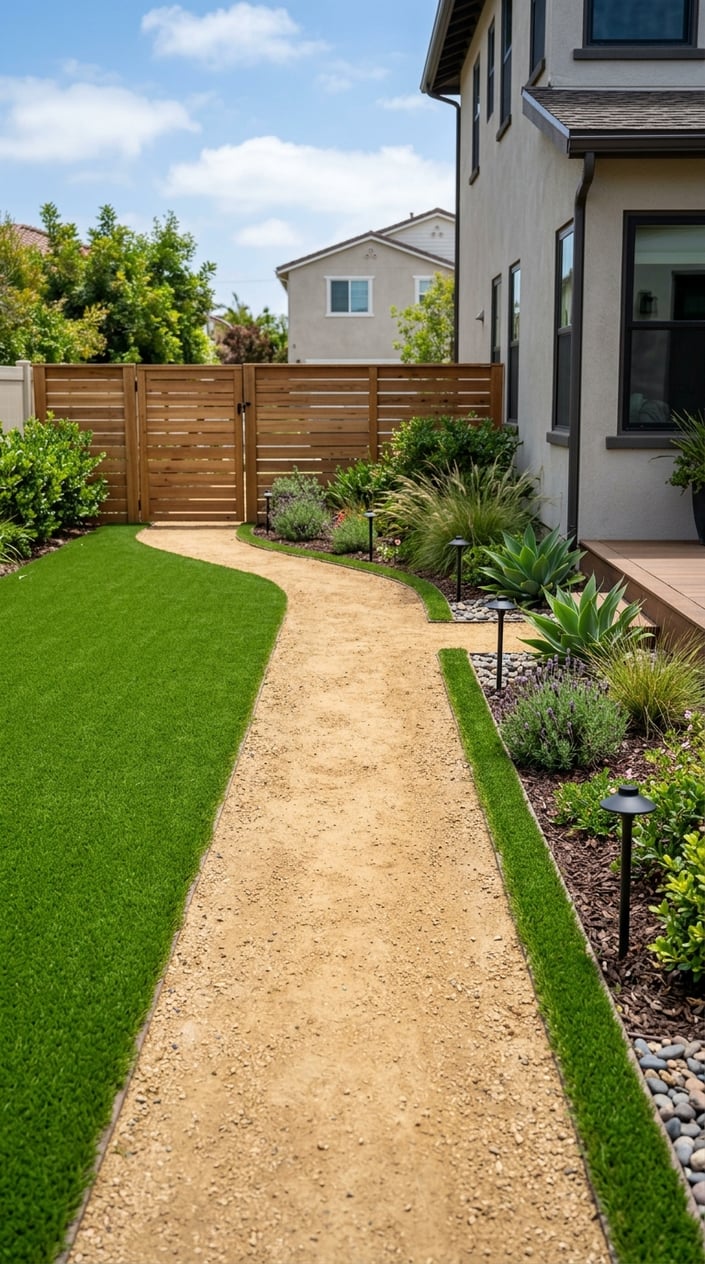 Side yard utility path with decomposed granite surface and artificial grass edging beside a residential fence.